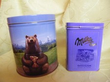 2 Milka Nostalgie Dosen - Edition Nr. 1 und Runde Dose mit Bär - Blechdosen