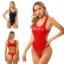 Damen Lackleder Bademode Tank Bodysuit Wet Look Badeanzug Open Back Sexy Catsuit