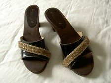 Pantolette aus Holz mit Leder-Bandage, made in italy, 2x getragen, Gr. 37