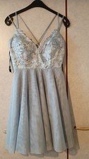 Vera Mont Ball Kleid Silbergrau Doppel Spaghettiträger Spitze Mesh Gr. S 36 38