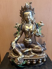 Prächtige Statue Buddha Grüne Tara. Feuervergoldete Bronze 34cm