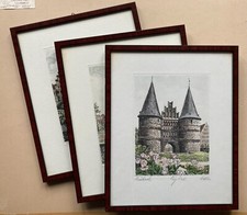 Antiker Bilderrahmen Mahagoni mit Radierung Lübeck Ansichten 3 Stück