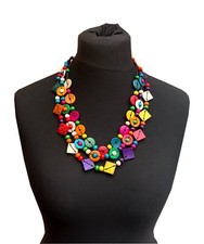 Halskette Modekette Collier Ethno Boho Holzkette Hippie mehrfarbig bunt NEU