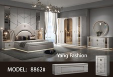 Luxus Schlafzimmer komplett Set mit 6 Teilig Hochglanz Beige+Grau Bett 180x200CM