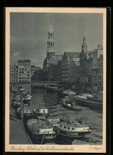 AK Hamburg, Catharinenkirche mit Geschäftshaus und Boot Hoffnung 2 