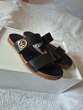 Esprit Damen Pantoletten Sandalen Sommer Schuhe Gr. 40 Leder schwarz Logo w.Neu