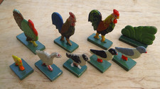 9 alte Holzfiguren / Holztiere 30s 40s Bauernhof Geflügel Hahn Küken Taube Puter