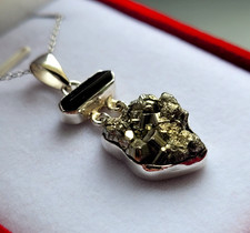 925 Silber Halsketten Anhänger schw. Turmalin + Pyrit Druse Edelstein Schmuck