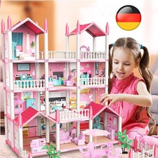 4 Etagen 11Zimmer Puppenhaus mit Möbeln und Zubehör inkl. kleine Puppe LED Licht