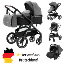 3-in-1 Kinderwagen mit Babywanne, Autositz & viel Zubehör – Faltbar,Hel Grau,neu
