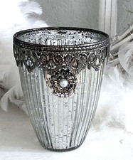 Großes Windlicht Glas  Silber Antik, Bauernsilber, Metallrand / Perle, 13 cm