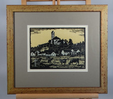 Holzschnitt Dachau Richard Huber Dachauer Landschaft Bergkirchen farbig