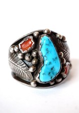 Indianer Navajo Ring aus 925 Sterling Silber mit Türkis und Carneol  B4294