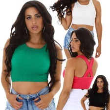 Damen Crop Top Rundhals ärmellos bauchfrei gesmokt Uni CrissCross Bodycon