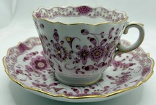 Meissen: Indische Malerei Purpur Goldrand Knaufschwerter 2tlg. Tasse+Teller