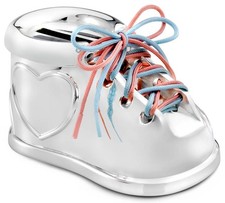 Sparbüchse Schuh versilbert Kinder Spardose blau-rosa Schleife Moneybox Sparbox