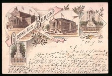 Lithographie Berlin-Tiergarten, Schiller-Denkmal, Opernhaus, Schauspielhaus, Go 