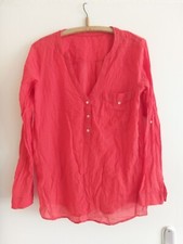 Damen Tunika Hemd in Orange-Rosa Bluse V-Ausschnitt feine Baumwolle, Gr. S