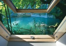 Vlies Fototapete 3D FENSTERBLICK Insel Wasserfall Wald Natur See Wohnzimmer XXL