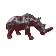 Mid Century dunkelbraune Leder eingewickelte Nashorn Figur Statue - Antik