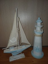 Leuchtturm Segelschiff Holz Deko Badezimmer im Set 43cm hoch