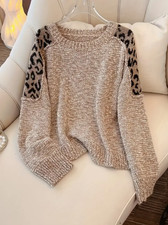 Damen Pullover mit Leopardenmuster Ärmeln - Beige & Schwarz Casual, Herbstmode