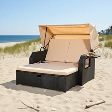 Strandkorb Sonnenliege Liegebett Sonnenbett  Rattan Dach Rattan Relaxliege