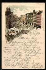 Lithographie München, Karlstor mit Pferdebahn 