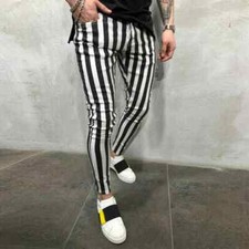 Herren Gestreift Kariert Schwarz Weiß Hose Sommer Slim Freizeit Bequem Hose DE