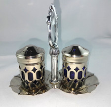 Vintage Salz & Pfefferstreuer Kobaltblau Glas Silber Metall im Set mit Halter