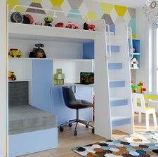 Marlux-Meble Hochbett JSM-7 Matt Treppe mit Schreibtisch Schränke und Sofa