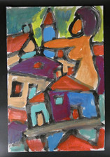 Gemälde Miklos Nemeth Ungarn Häuser Stadt Frau Allegorie 64x42,5 cm 1974