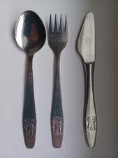 DDR Kinderbesteck ABS 3-teilig Gabel Löffel Messer Katze Bär Elefant rostfrei