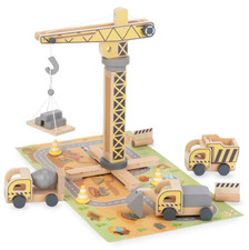 Holz Baustelle mit Kran & Fahrzeugen – Spielzeug Baufahrzeuge Kinder NEU