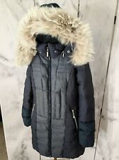 Sportalm Kitzbühel Mantel grau dunkelblau Echtfell Kapuze Gr 38 Coat Pelz Jacket