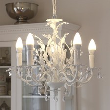 5-armiger Kronleuchter LEAVES weiß mit Blättern und Kristallen im Landhausstil