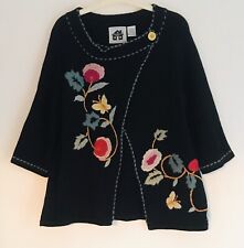 STORYBOOK KNITS bestickte Strickjacke Größe Small 40" 100 % Baumwolle schwarz Blumenmuster