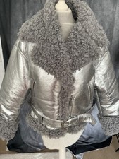 Bennetton Damenjacke Silber Faux Leder Und Faux Lammfell Oversize M