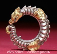 2.2" Alte Han Dynastie Natürlicher Achat 24K Gold Gilt Drachenhaken Anhänger