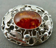 Brosche Silber 835/- mit Bernstein Fischland 33