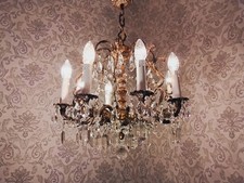 antik 8 Fl Kronleuchter Deckenlampe Lüster Bronze Kristall Barock Frankr ca.1920