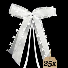 25 Antennenschleifen Weiß mit Herzen Auto Schleifen Schmuck Hochzeit Deko Ribbon