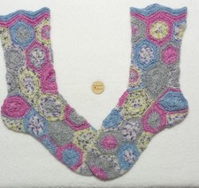Sechseck Socken, Wollsocken handgestrickt , Patchwork, Gr.38-39