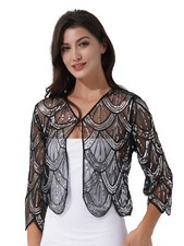 DE Damen Bolero Pailletten Elegante Schulterjacke Langarm Cardigan Shrug Tops
