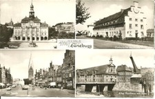 AK Lüneburg - Rathaus, Akademie, Frachtschiff, Altes Kaufhaus, Kran - ca. 1955