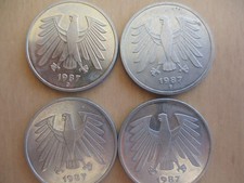 4 Münzen 5 DM Deutsche Mark
