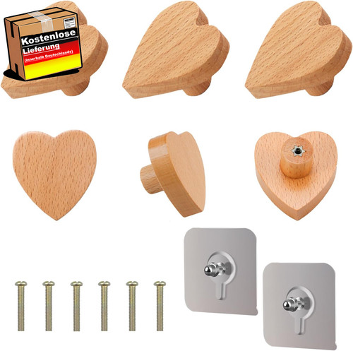 Möbelknöpfe holz herz - herz, 6er