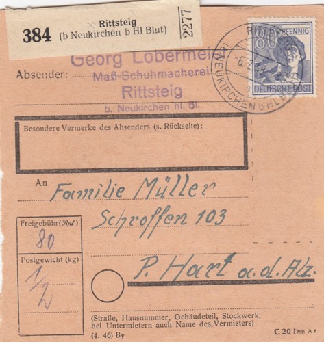 Paketkarte 1948 rittsteig - rittsteig, bei