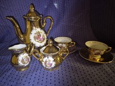 Mokka Tete a Tete,vergoldet m. Rokokoszenen, 2 Tassen m.UT,  Milch, Zucker,Kanne