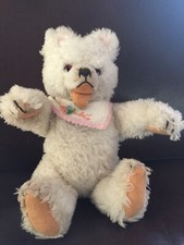 Sammler altes Stofftier Teddy  Hermann weiß Holzwolle Glasaugen Quietsche 30 cm
